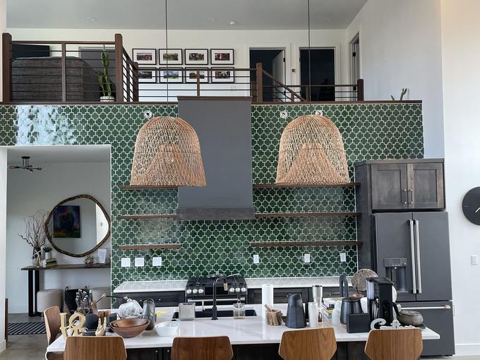 Emerald arabesque backsplash, wall to wall